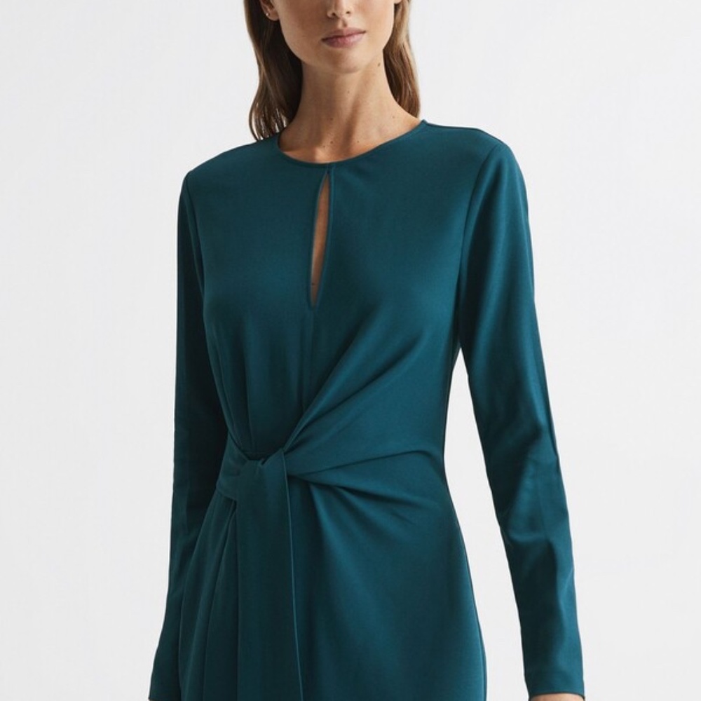 Reiss Valentina Teal Tie Waist Bodycon Midi Dress - Viscose
